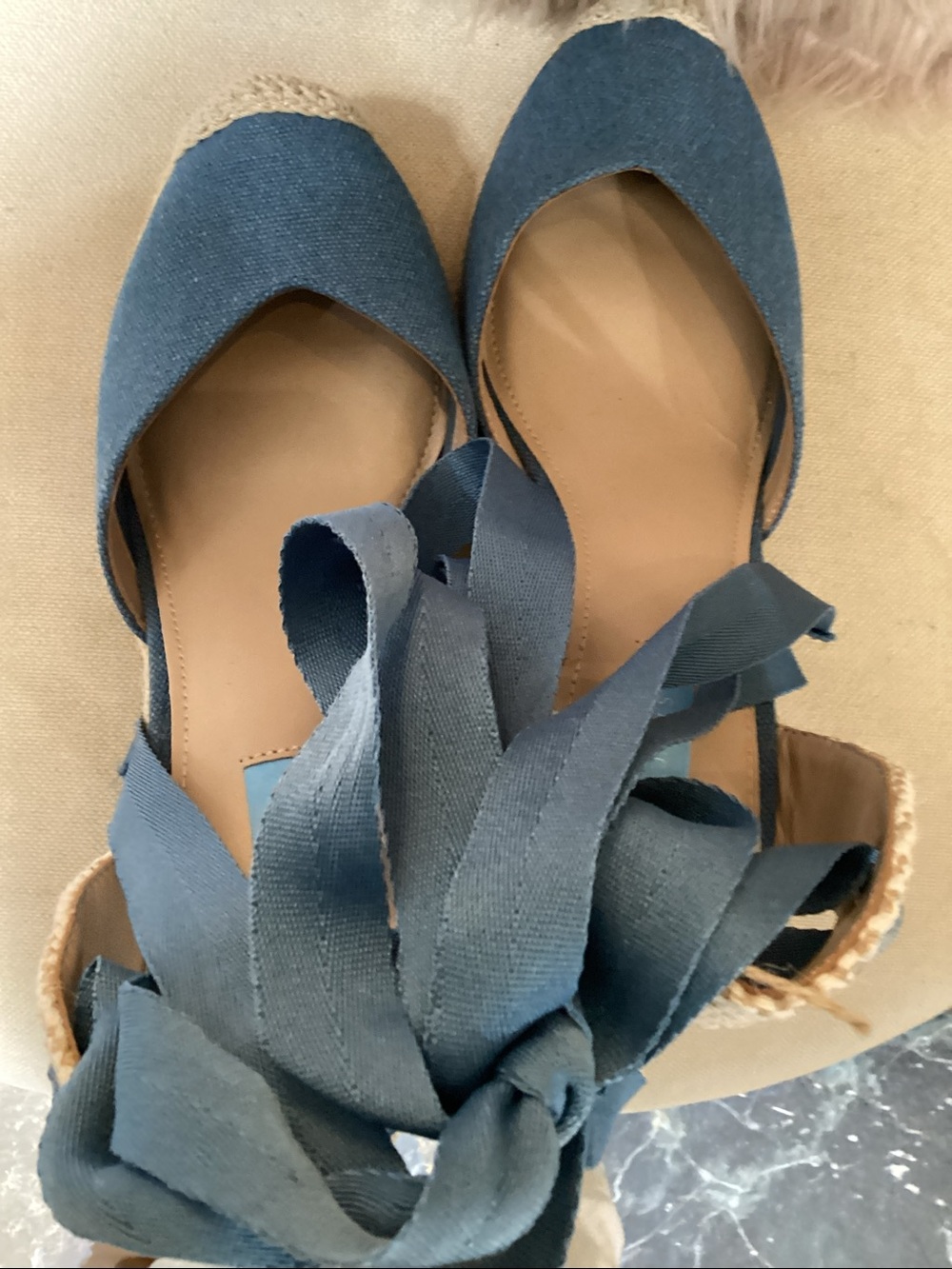 Draper James Denim Blue Espadrille Wedge Sandals with Ankle Ties - Picture 6 of 6